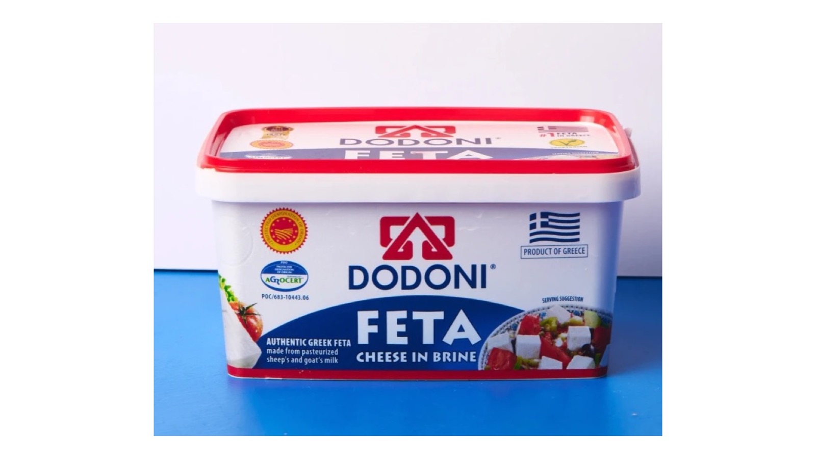 Tub of Dodoni authentic Greek feta cheese in brine