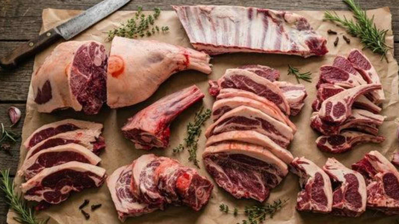 Assorted fresh baby goat cuts on brown paper